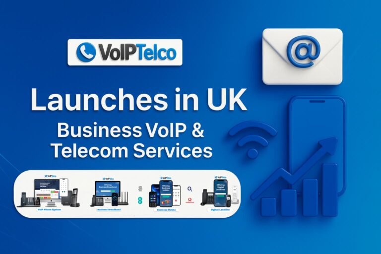 VoIPTelco Launches in UK – Business VoIP & Telecom Services with 3D icons representing connectivity, mobile growth, and a complete phone system, set against a modern blue gradient background with a stylized UK map.