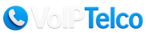 VoIPTelco logo featuring a white phone handset icon within a blue circle beside the company name, providing cloud-hosted business phone systems in the UK